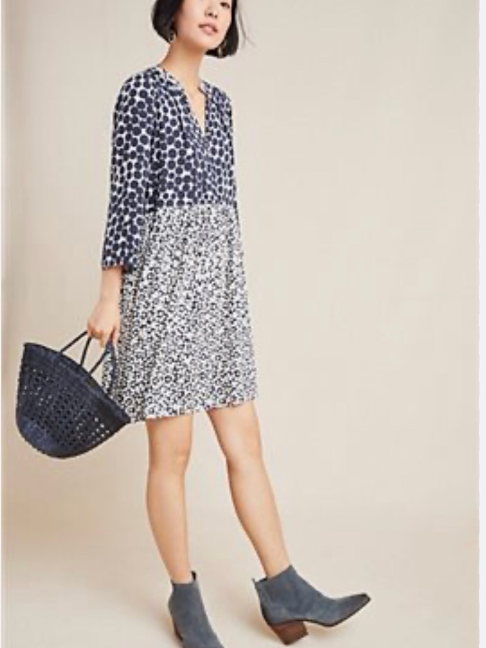 Anthropologie Navy and White Mixed-Print Mini Dress
